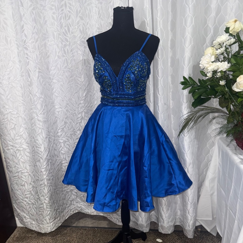 Stunning Royal Blue Spaghetti Strap Dress with Beaded Bodice & Silky Flare Skirt